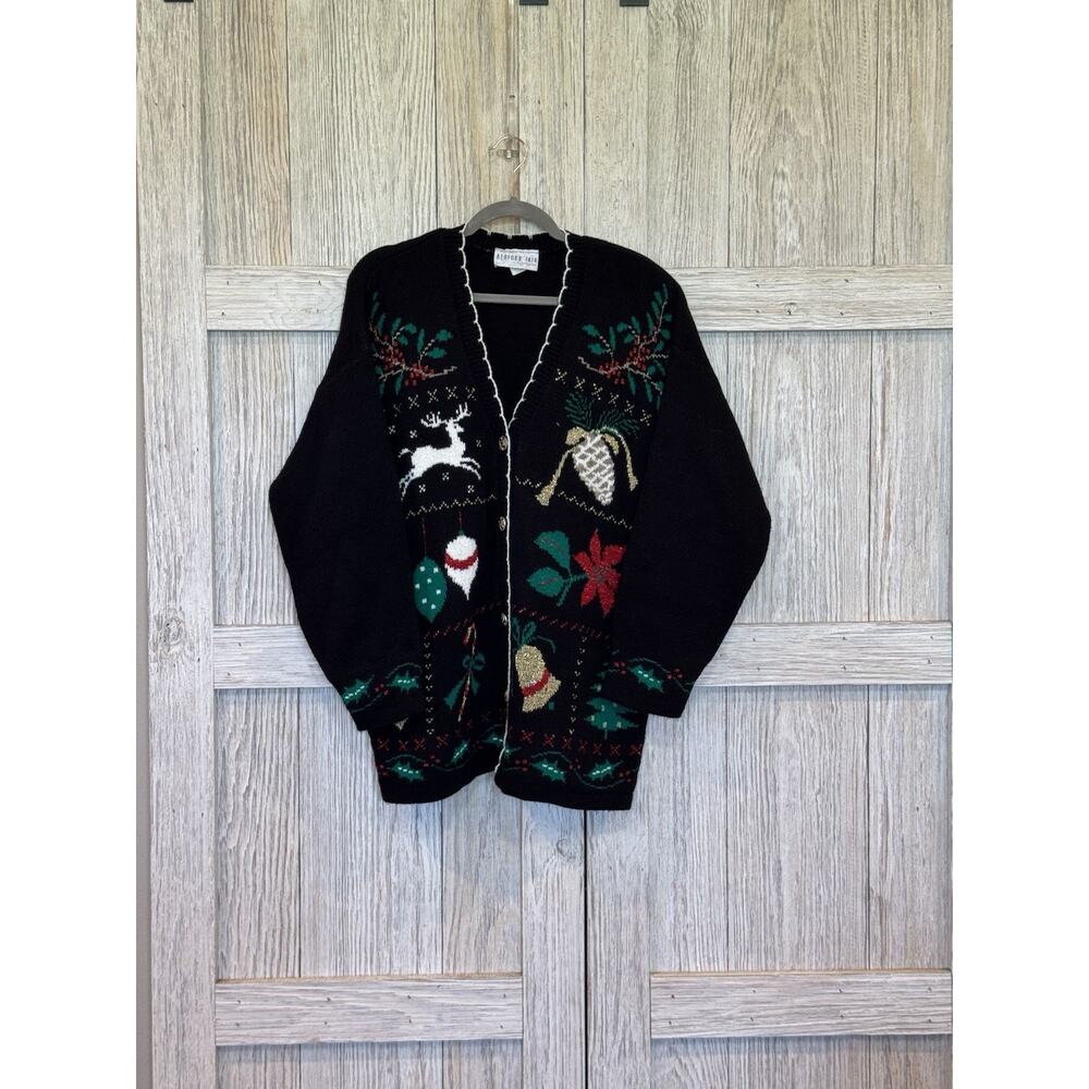 Bedford Fair Wmen Black Knit Long Sleeve Festive Vneck Christmas Cardigan Vtg XL
